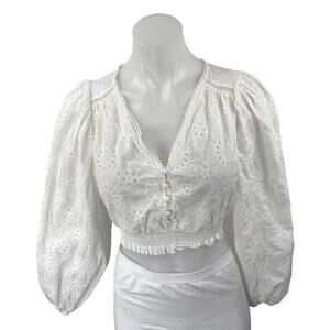 Kivary White Floral Lace Eyelet Embroidered Puff Sleeve V-Neck Crop Blouse Top 2